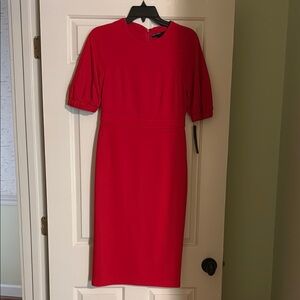 New With Tags Maggy London Red Sheath Dress with Puff Sleeves